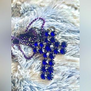 Purple crystal cross, vintage necklace with purple chain